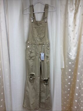Risen Khaki Distressed Denim Overalls